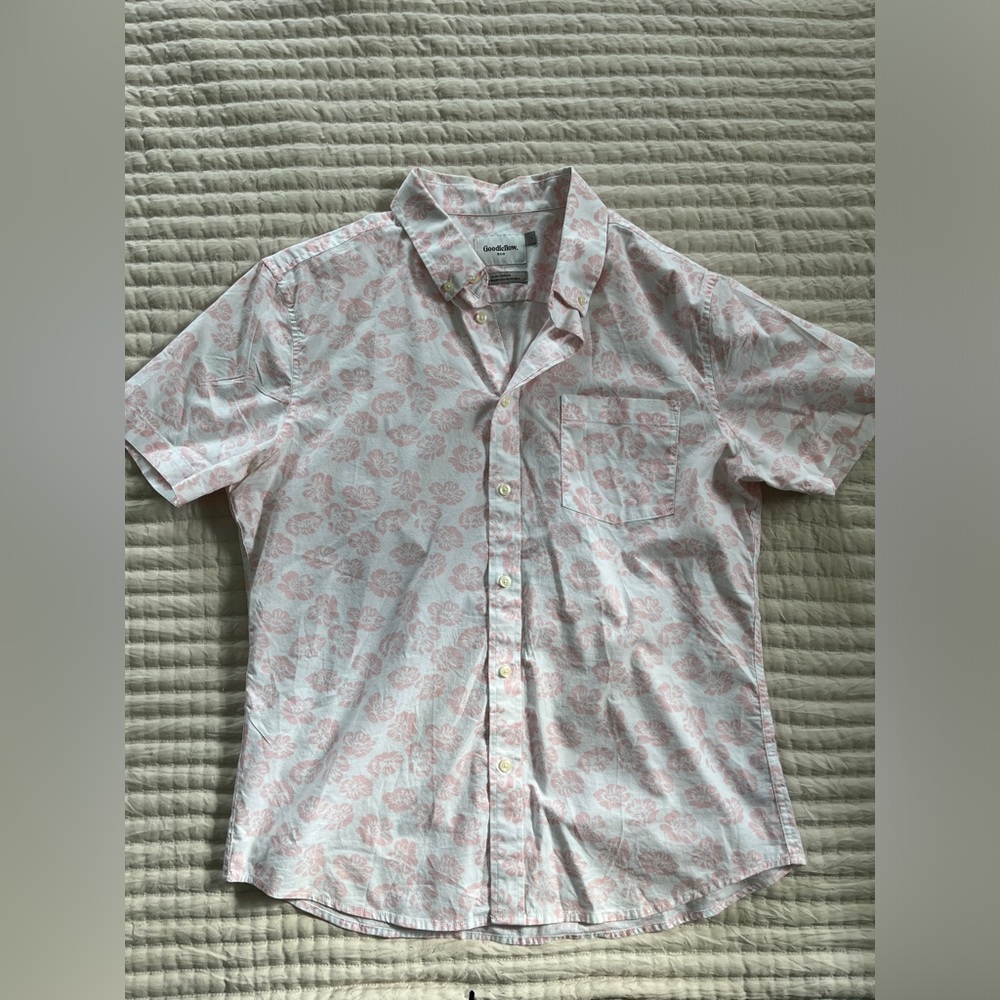 Goodfellow & Co collared shirt, white with pink flowers.